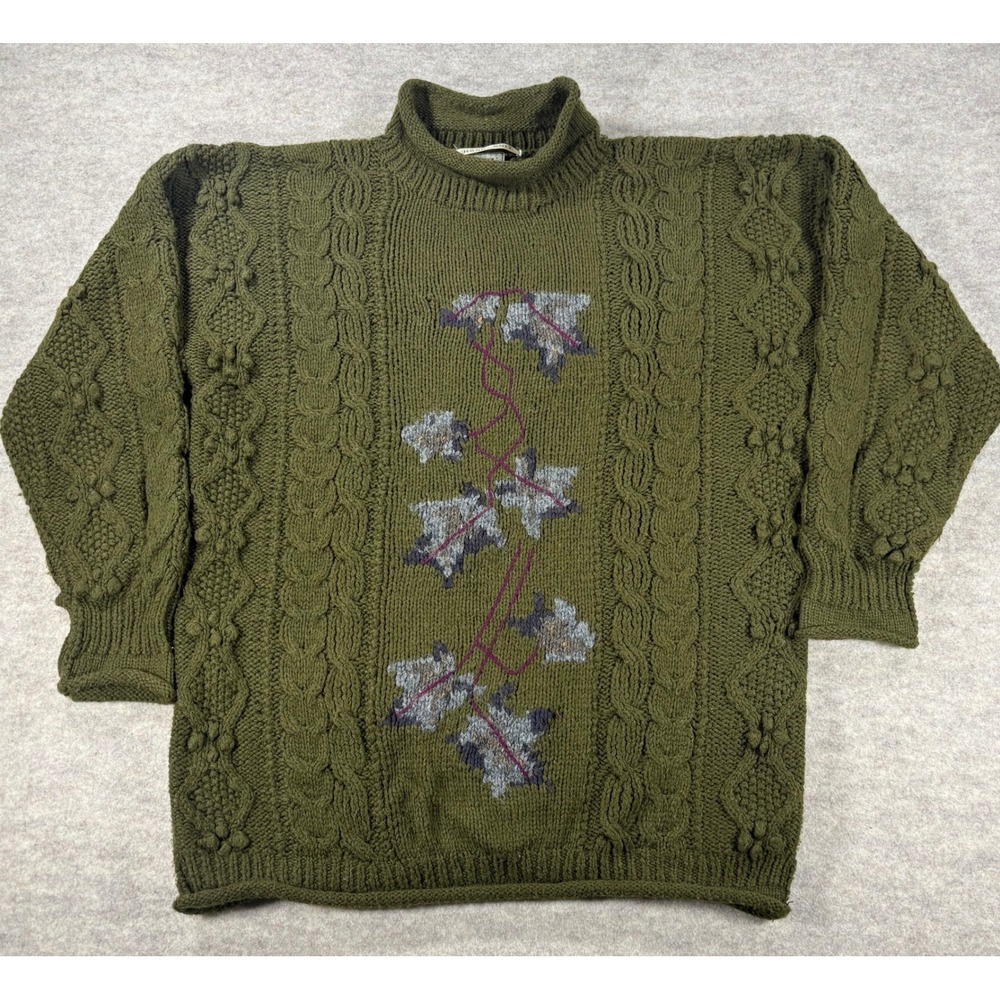 IVY Hand Knit Sweater Large Olive Green Cable Popcorn Leaf Mock Neck Vintage